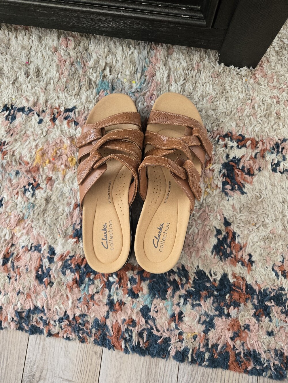 NWOT Clarks Collection Cognac Triple Strap Ultimate Comfort Slide Sandals - Picture 2 of 5